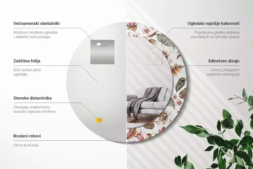 Lustro z ramą z nadrukiem w stylu vintage z motywem kwiatowym w kształcie okręgu