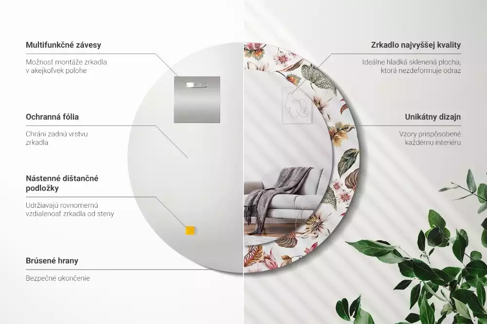 Lustro z ramą z nadrukiem w stylu vintage z motywem kwiatowym w kształcie okręgu