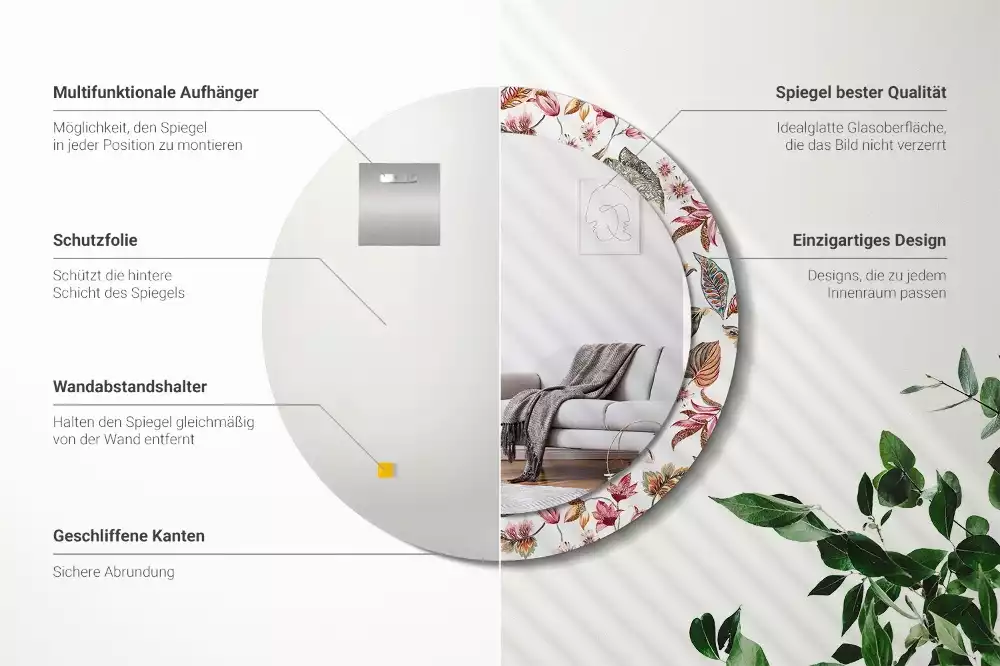 Lustro z ramą z nadrukiem w stylu vintage z motywem kwiatowym w kształcie okręgu