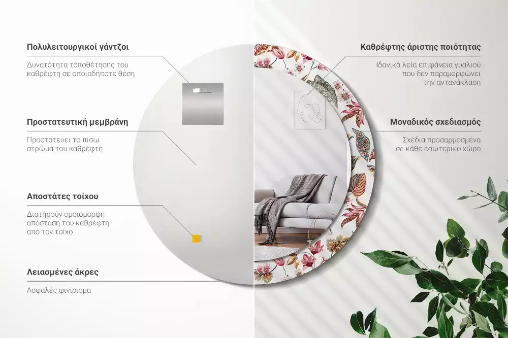 Lustro z ramą z nadrukiem w stylu vintage z motywem kwiatowym w kształcie okręgu