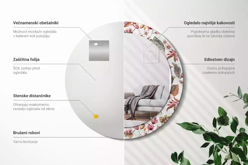 Lustro z ramą z nadrukiem w stylu vintage z motywem kwiatowym w kształcie okręgu