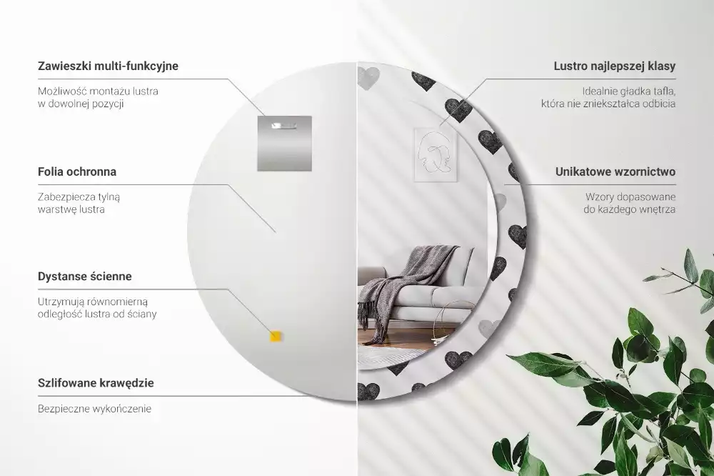 Lustro ścienne dekoracyjne w kształcie koła z abstrakcyjnym motywem serc