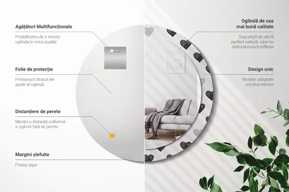 Lustro ścienne dekoracyjne w kształcie koła z abstrakcyjnym motywem serc