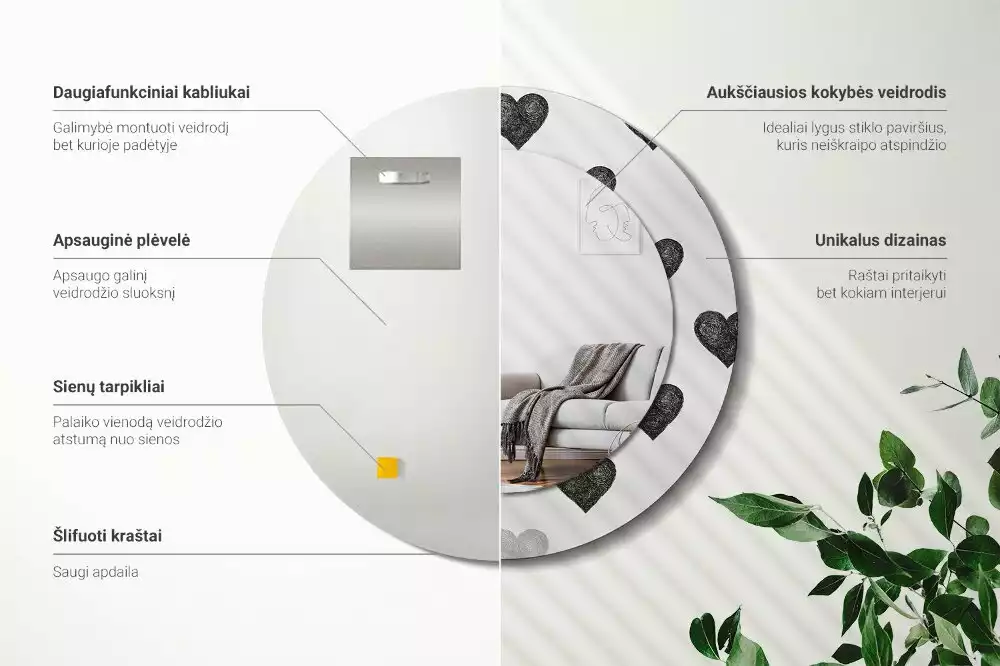 Lustro ścienne dekoracyjne w kształcie koła z abstrakcyjnym motywem serc