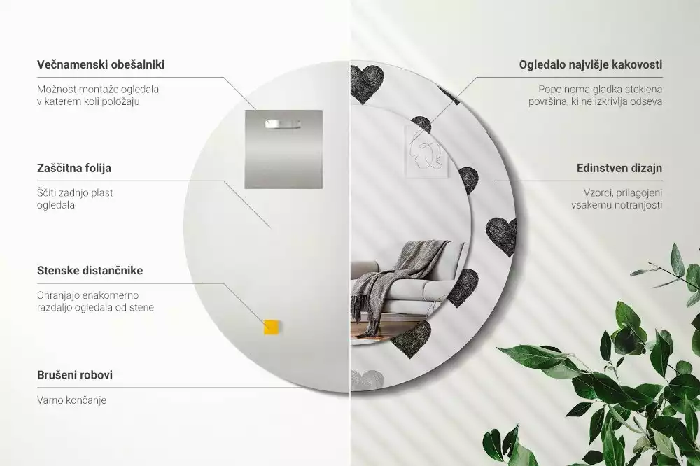 Lustro ścienne dekoracyjne w kształcie koła z abstrakcyjnym motywem serc