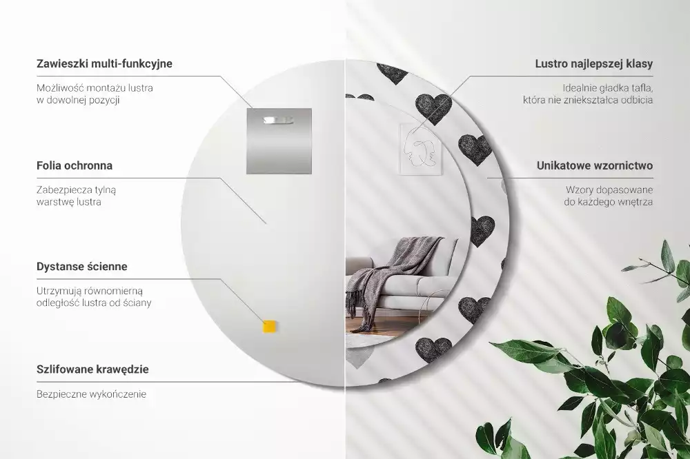 Lustro ścienne dekoracyjne w kształcie koła z abstrakcyjnym motywem serc