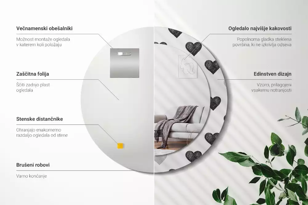 Lustro ścienne dekoracyjne w kształcie koła z abstrakcyjnym motywem serc
