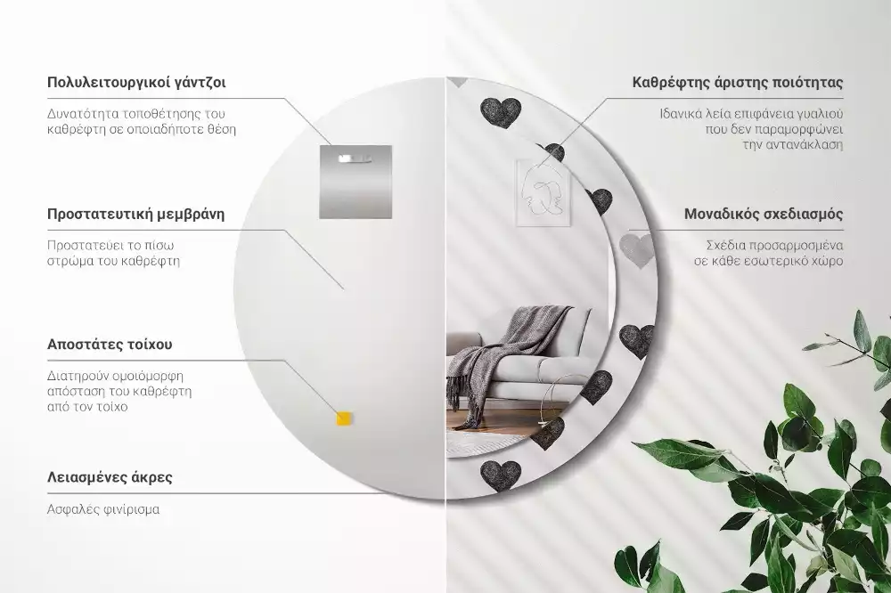 Lustro ścienne dekoracyjne w kształcie koła z abstrakcyjnym motywem serc