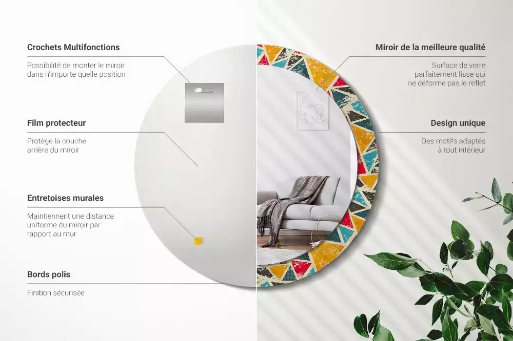 Lustro z okrągłą ramą i nadrukiem w stylu retro z motywem kompozycji