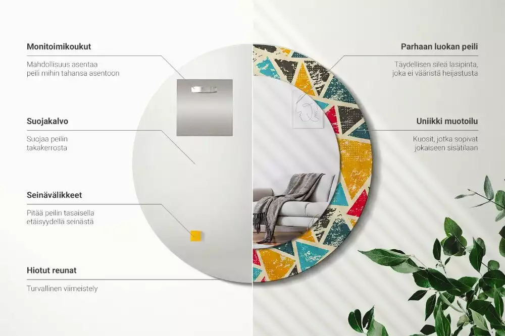 Lustro z okrągłą ramą i nadrukiem w stylu retro z motywem kompozycji