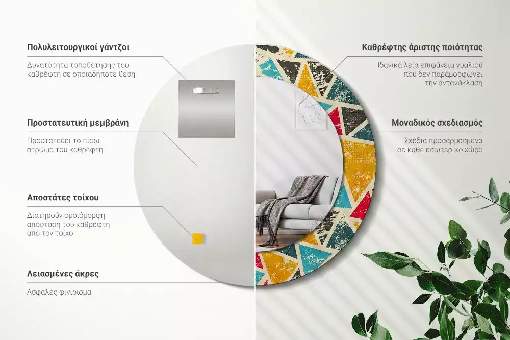 Lustro z okrągłą ramą i nadrukiem w stylu retro z motywem kompozycji