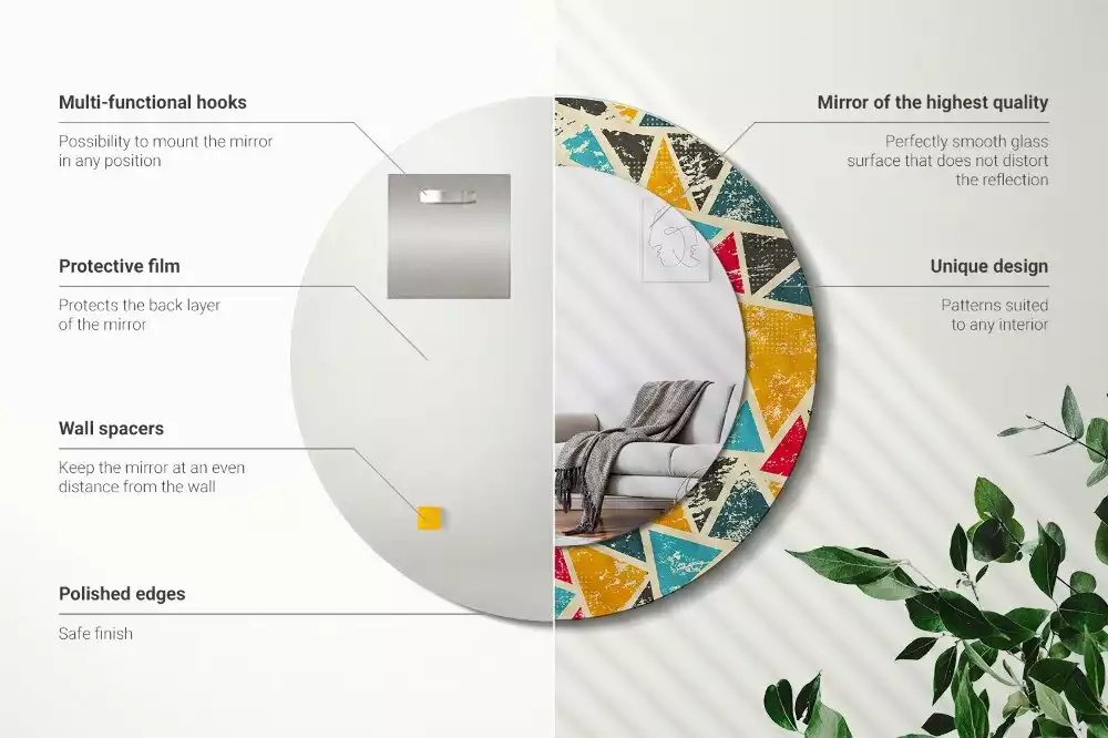 Lustro z okrągłą ramą i nadrukiem w stylu retro z motywem kompozycji