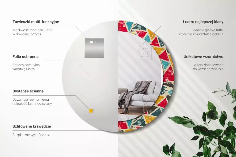 Lustro z okrągłą ramą i nadrukiem w stylu retro z motywem kompozycji