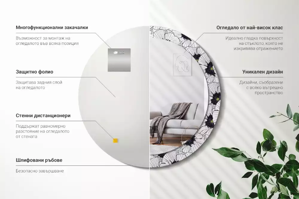 Lustro ścienne dekoracyjne w kształcie okręgu z motywem kwiatowej kompozycji