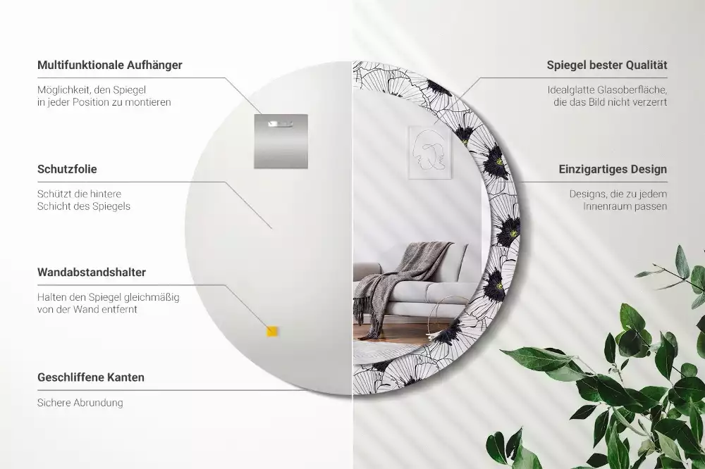 Lustro ścienne dekoracyjne w kształcie okręgu z motywem kwiatowej kompozycji