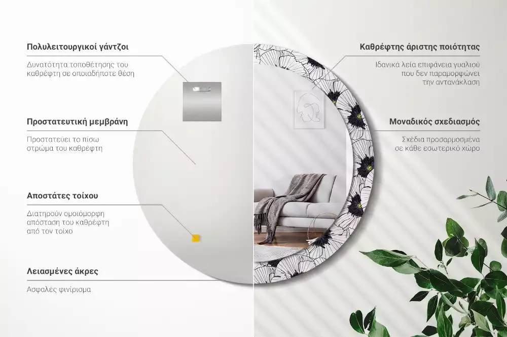 Lustro ścienne dekoracyjne w kształcie okręgu z motywem kwiatowej kompozycji