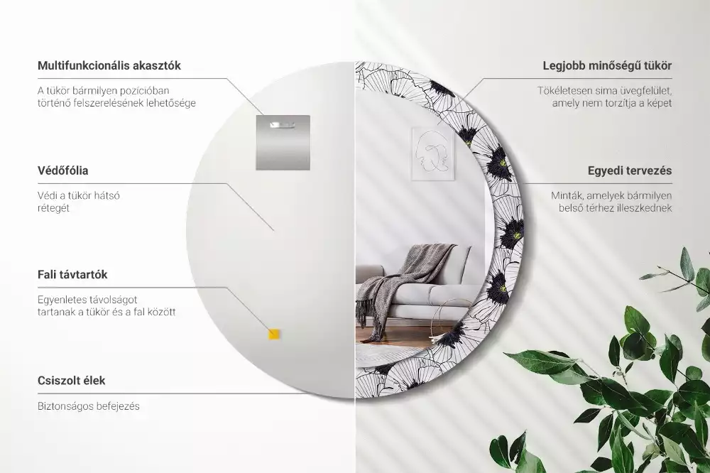 Lustro ścienne dekoracyjne w kształcie okręgu z motywem kwiatowej kompozycji