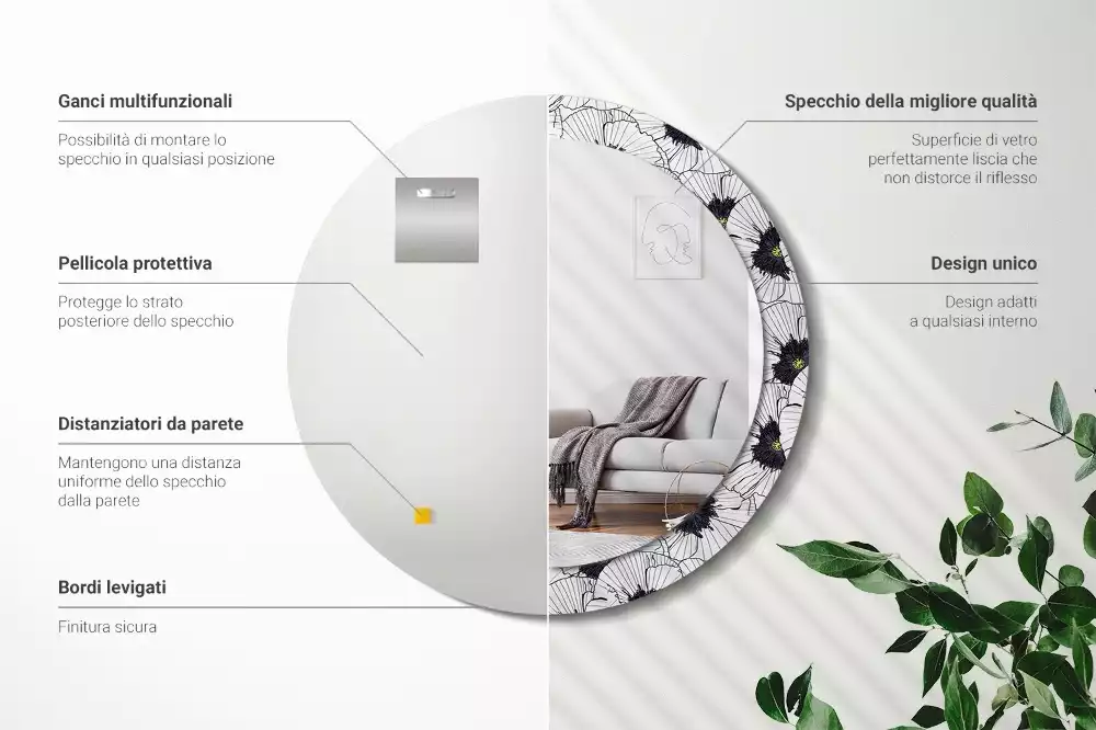 Lustro ścienne dekoracyjne w kształcie okręgu z motywem kwiatowej kompozycji