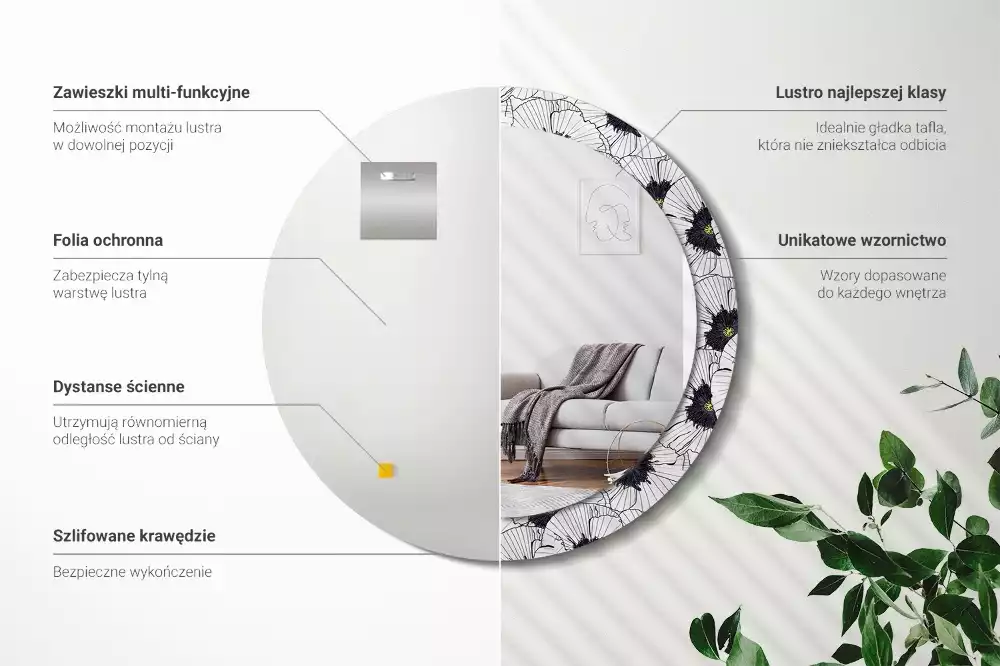 Lustro ścienne dekoracyjne w kształcie okręgu z motywem kwiatowej kompozycji