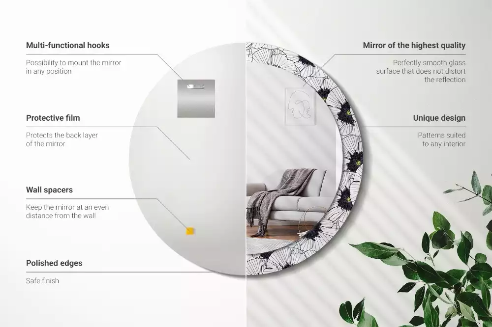 Lustro ścienne dekoracyjne w kształcie okręgu z motywem kwiatowej kompozycji