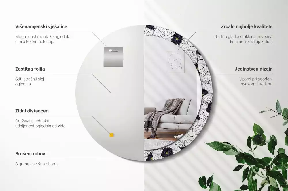 Lustro ścienne dekoracyjne w kształcie okręgu z motywem kwiatowej kompozycji