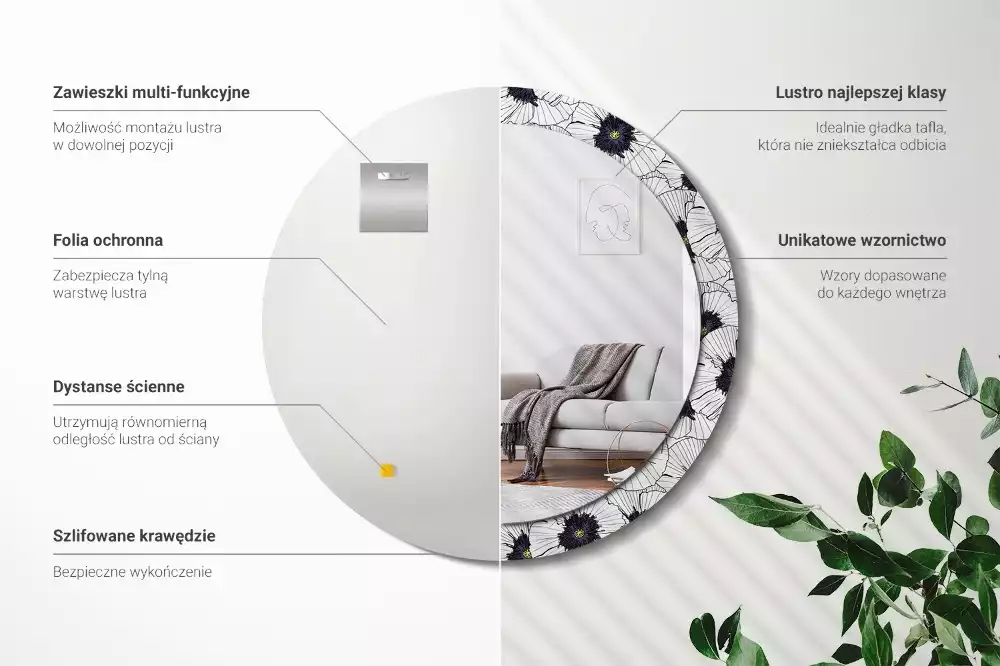 Lustro ścienne dekoracyjne w kształcie okręgu z motywem kwiatowej kompozycji