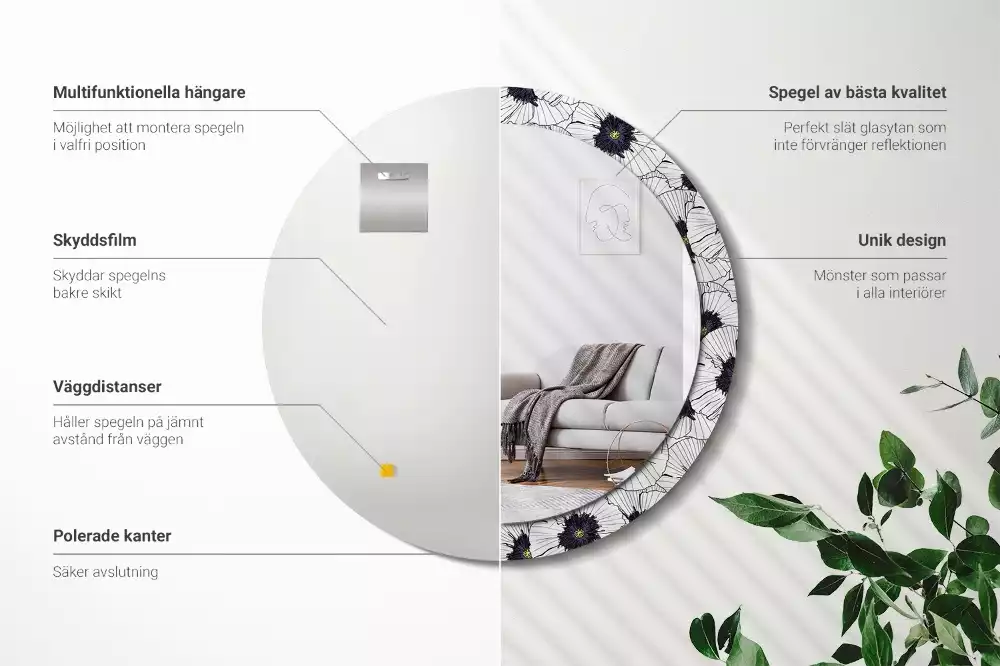 Lustro ścienne dekoracyjne w kształcie okręgu z motywem kwiatowej kompozycji