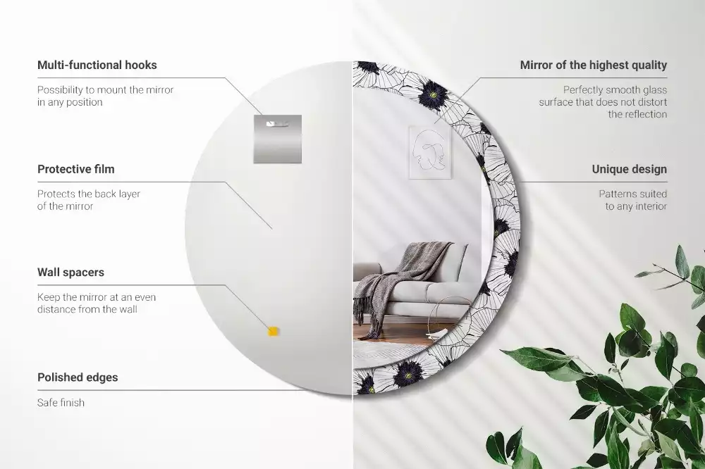 Lustro ścienne dekoracyjne w kształcie okręgu z motywem kwiatowej kompozycji