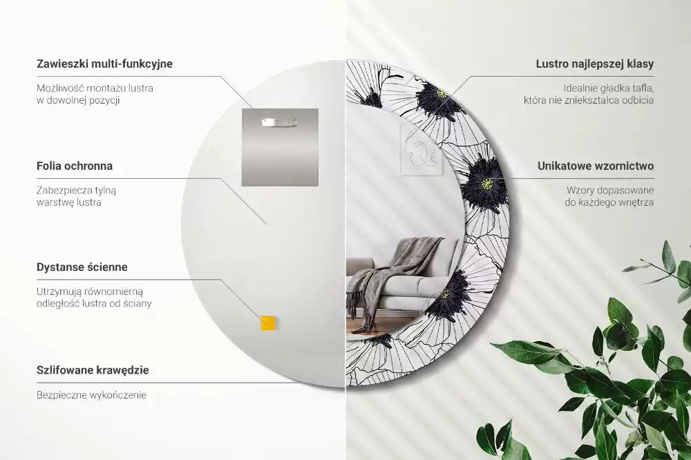 Lustro ścienne dekoracyjne w kształcie okręgu z motywem kwiatowej kompozycji