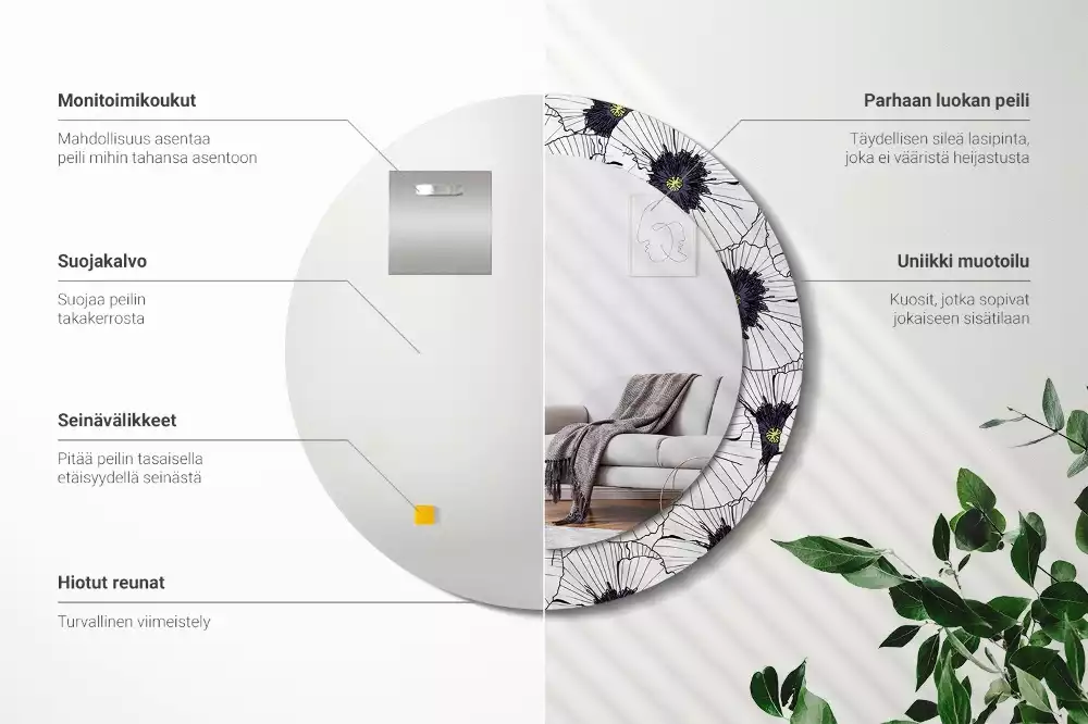 Lustro ścienne dekoracyjne w kształcie okręgu z motywem kwiatowej kompozycji