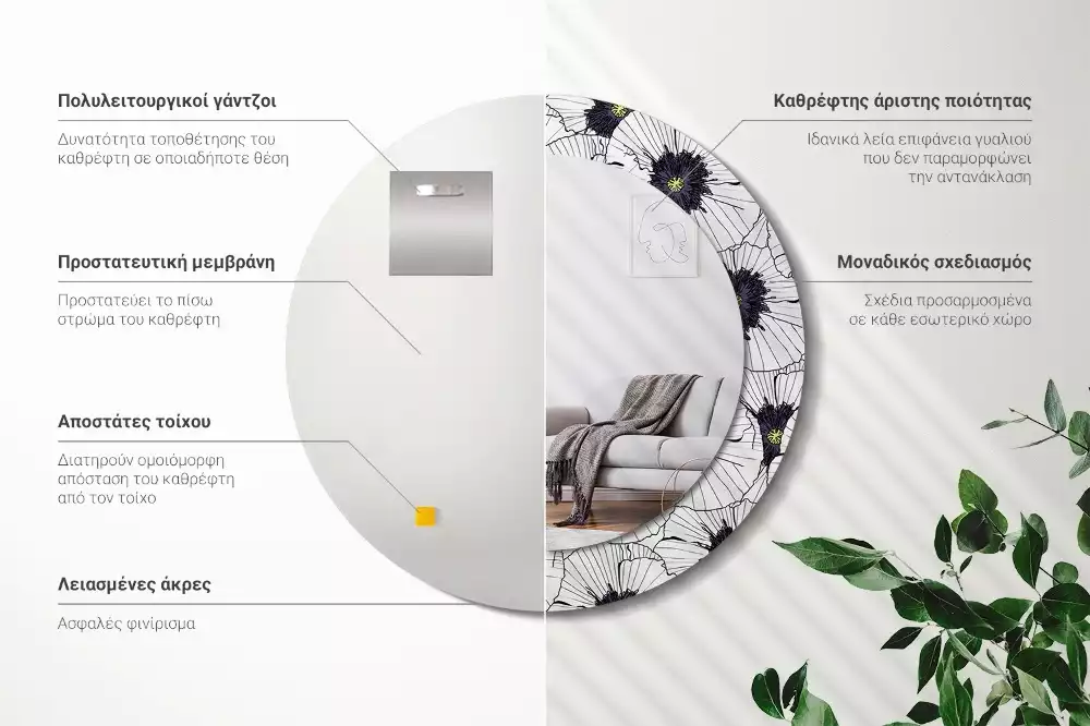 Lustro ścienne dekoracyjne w kształcie okręgu z motywem kwiatowej kompozycji