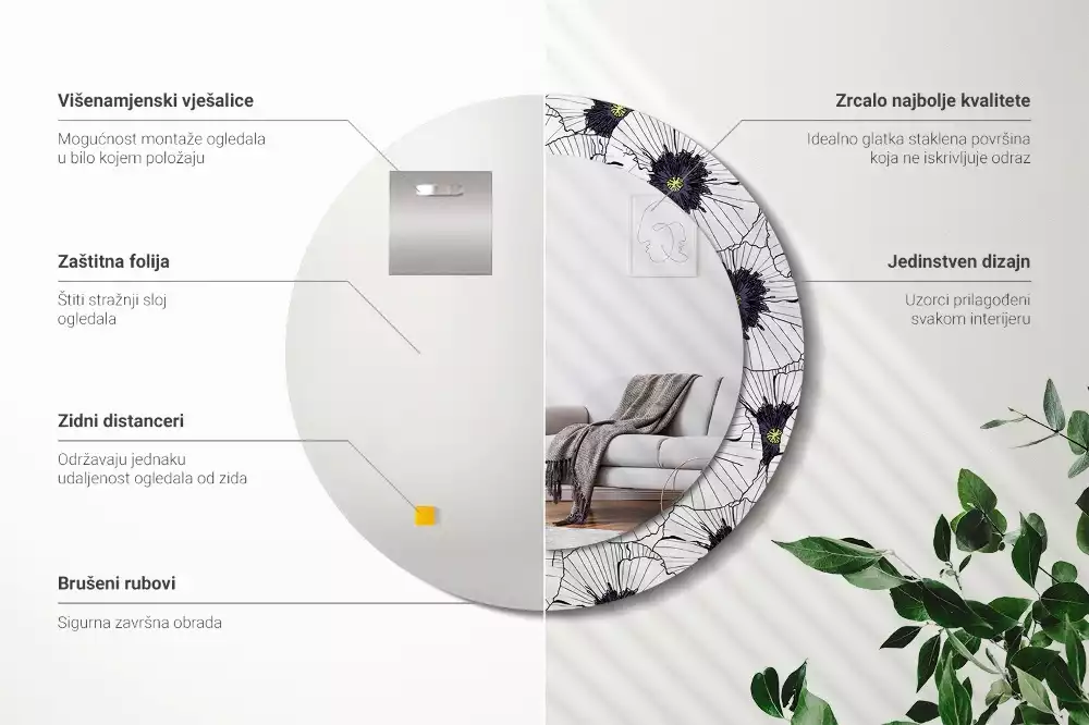 Lustro ścienne dekoracyjne w kształcie okręgu z motywem kwiatowej kompozycji