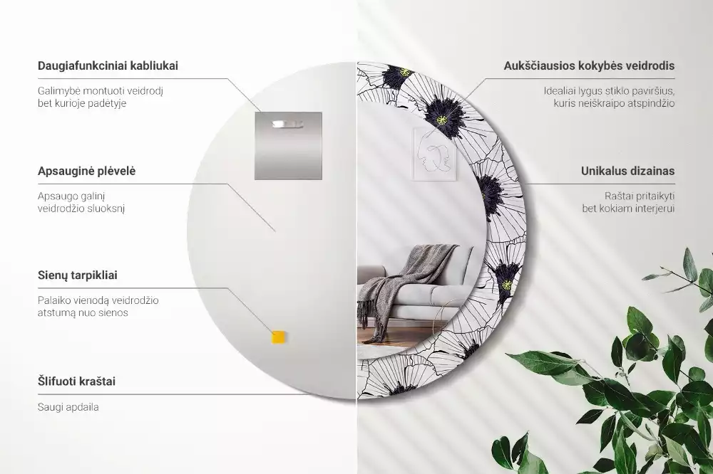 Lustro ścienne dekoracyjne w kształcie okręgu z motywem kwiatowej kompozycji