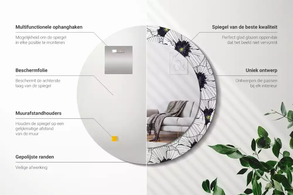 Lustro ścienne dekoracyjne w kształcie okręgu z motywem kwiatowej kompozycji