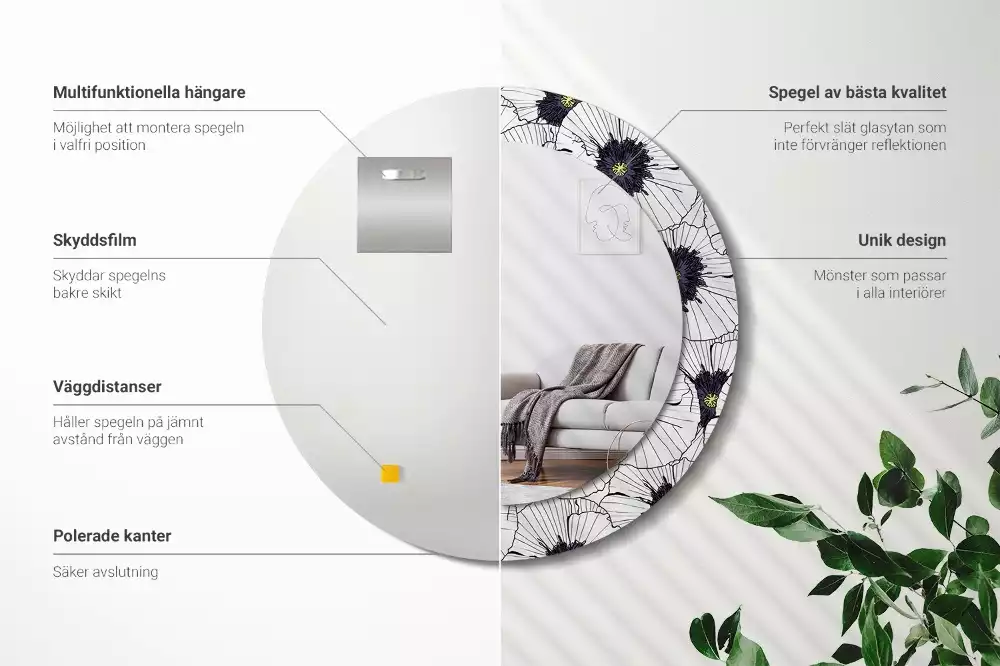 Lustro ścienne dekoracyjne w kształcie okręgu z motywem kwiatowej kompozycji