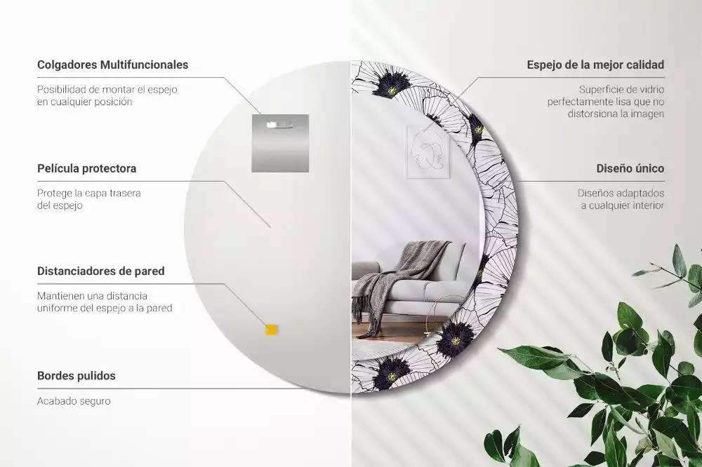 Lustro ścienne dekoracyjne w kształcie okręgu z motywem kwiatowej kompozycji