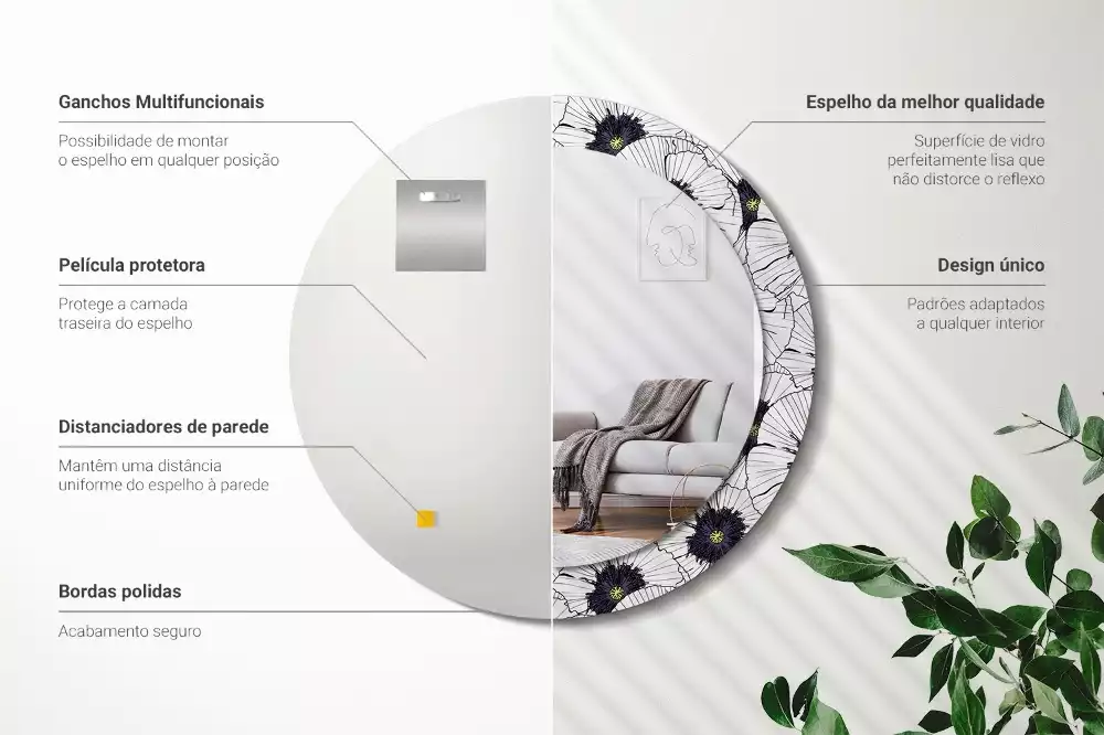 Lustro ścienne dekoracyjne w kształcie okręgu z motywem kwiatowej kompozycji