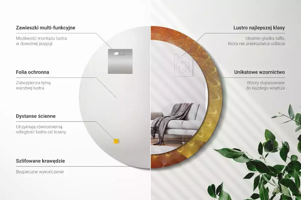 Lustro ścienne dekoracyjne o okrągłym kształcie z motywem spiralnej abstrakcji