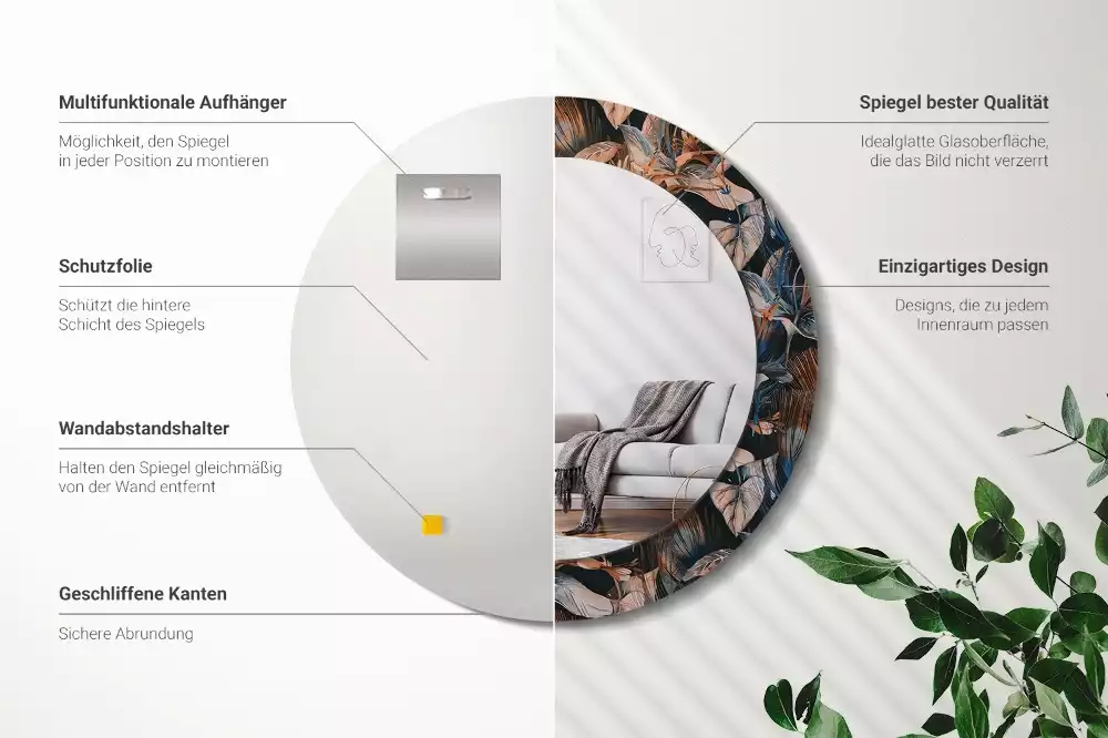 Lustro okrągłe z drukowaną ramką w motywie ciemnych tropikalnych liści