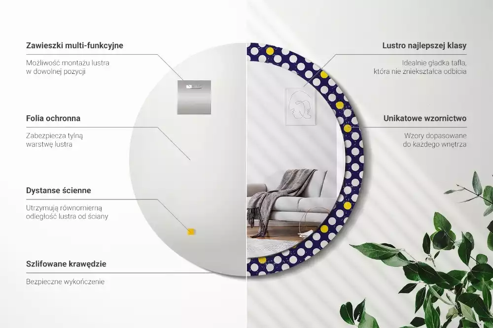 Lustro z ramą z nadrukiem w stylu retro w kropki, o okrągłym kształcie