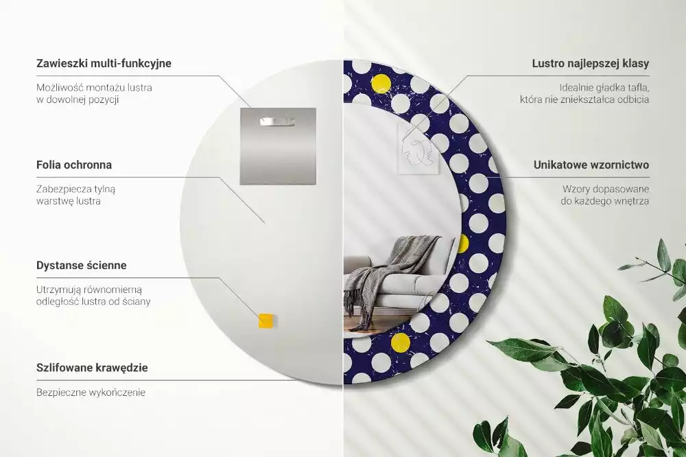 Lustro z ramą z nadrukiem w stylu retro w kropki, o okrągłym kształcie