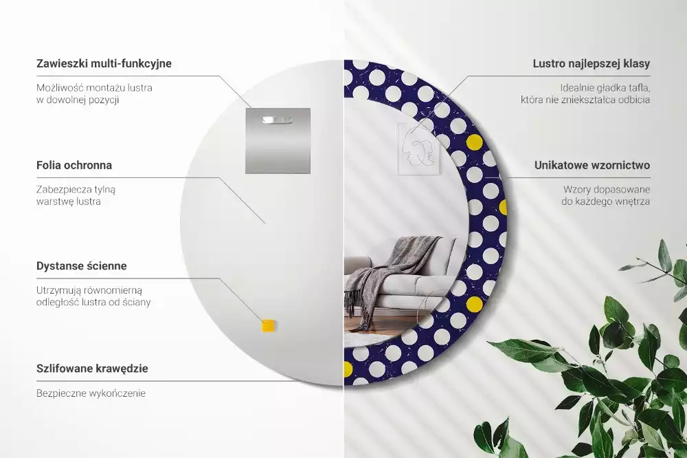 Lustro z ramą z nadrukiem w stylu retro w kropki, o okrągłym kształcie