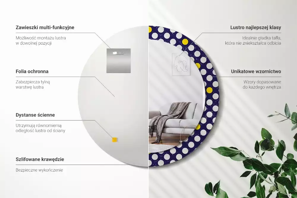 Lustro z ramą z nadrukiem w stylu retro w kropki, o okrągłym kształcie