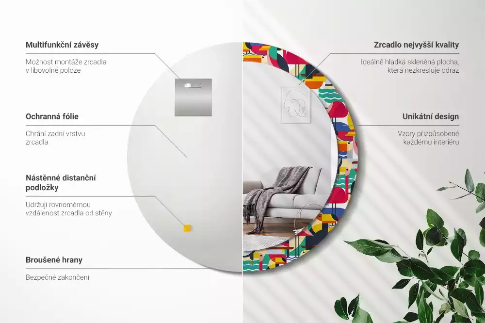 Lustro z drukowaną ramką o geometrycznym wzorze z tropikalnymi ptakami