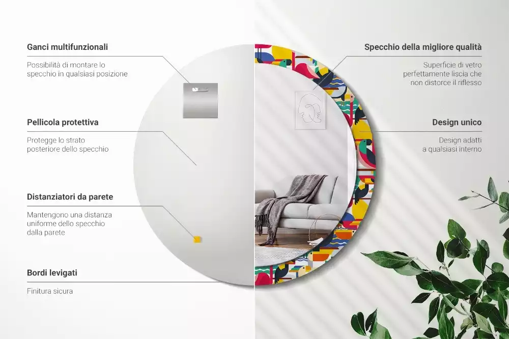 Lustro z drukowaną ramką o geometrycznym wzorze z tropikalnymi ptakami