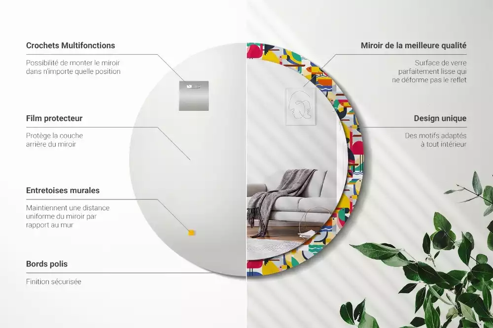 Lustro z drukowaną ramką o geometrycznym wzorze z tropikalnymi ptakami