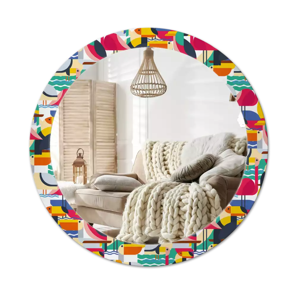 Lustro z drukowaną ramką o geometrycznym wzorze z tropikalnymi ptakami