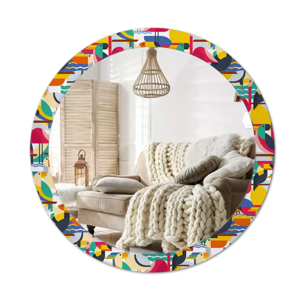 Lustro z drukowaną ramką o geometrycznym wzorze z tropikalnymi ptakami