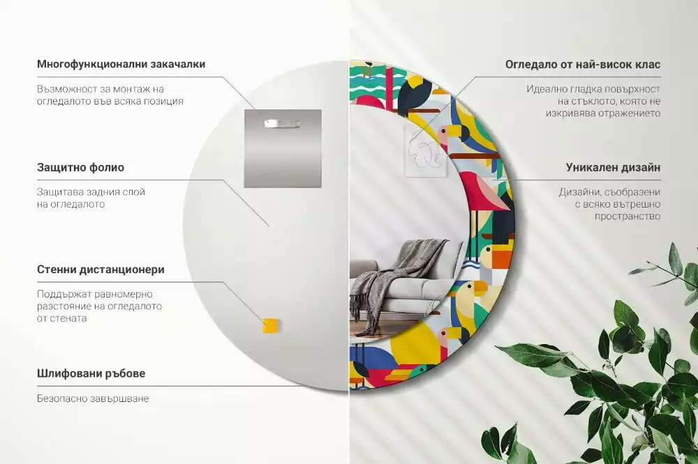 Lustro z drukowaną ramką o geometrycznym wzorze z tropikalnymi ptakami