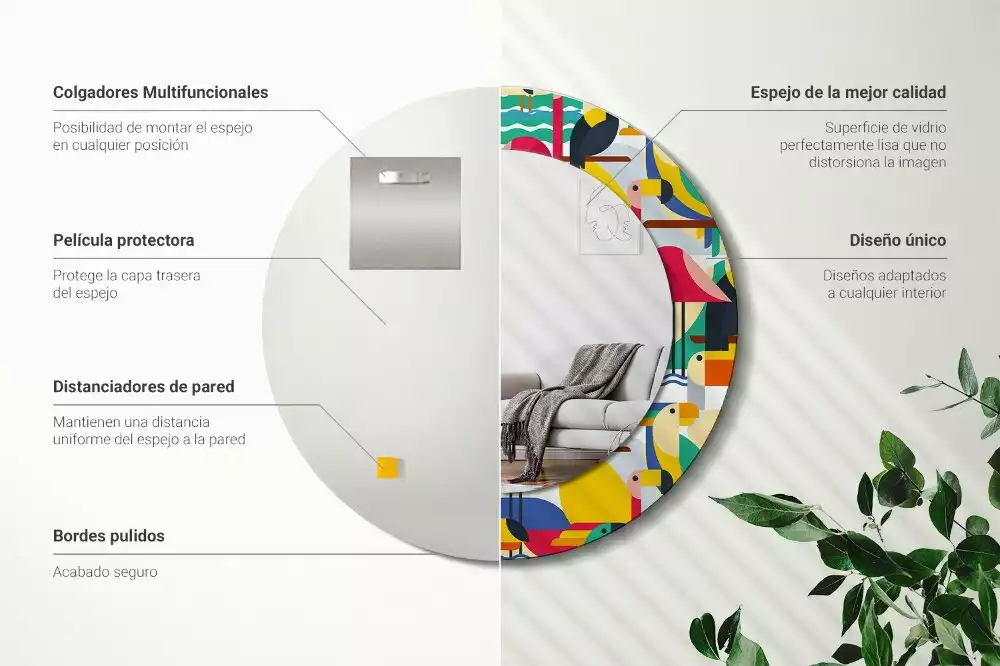 Lustro z drukowaną ramką o geometrycznym wzorze z tropikalnymi ptakami